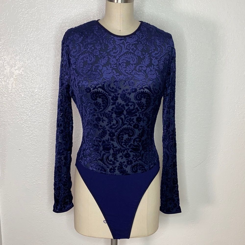 Vintage Ann Taylor blue crushed velvet damask one piece 90s Y2K bodysuit L